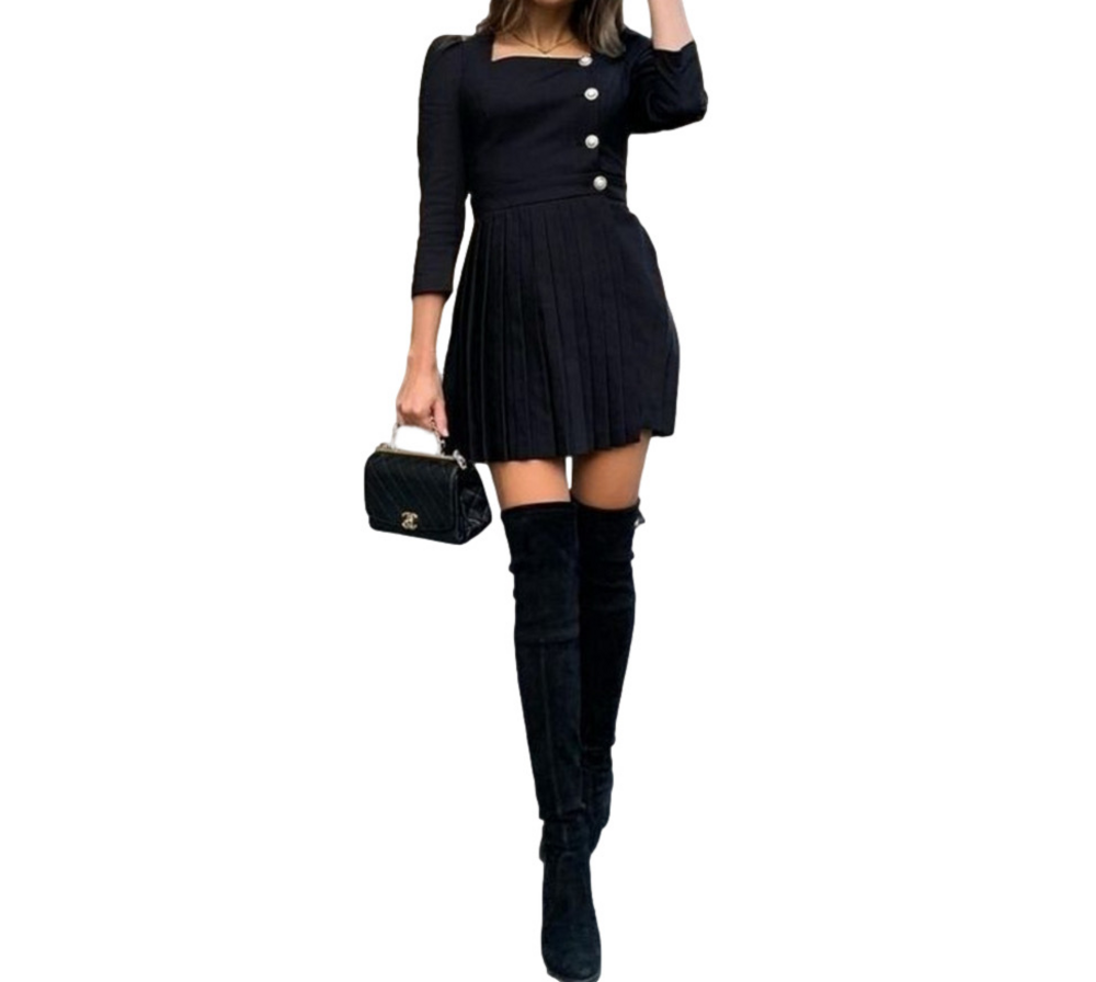 Zara Blazer Dress Womens XS Black Pleated Square Neck 3/4 Sleeve #7792/250